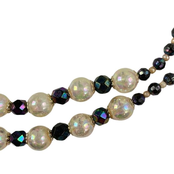 Vintage Faux Pearl Black Beads Necklace 2 Strand Black & Iridescent Beads 1980s - Picture 3 of 6